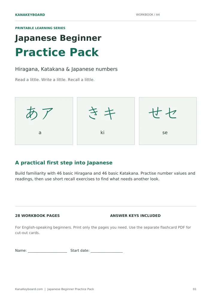 Cover of the Japanese Beginner Practice Pack workbook